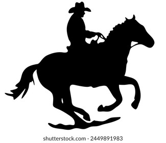 Ilustración plana de Vector blanco y negro: Silueta de caballo y jinete occidental de carreras de barriles