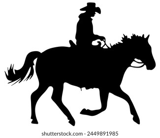 Ilustración plana de Vector blanco y negro: Silueta de caballo y jinete occidental de carreras de barriles