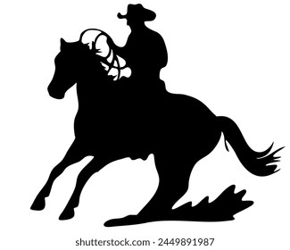 Ilustración plana de Vector blanco y negro: Silueta de caballo y jinete occidental de carreras de barriles