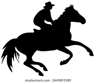 Ilustración plana de Vector blanco y negro: Silueta de caballo y jinete occidental de carreras de barriles