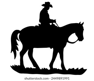 Ilustración plana de Vector blanco y negro: Silueta de caballo y jinete occidental de carreras de barriles