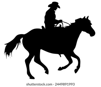 Ilustración plana de Vector blanco y negro: Silueta de caballo y jinete occidental de carreras de barriles