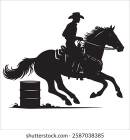 Black and white vector flat illustration: Barrel racing western horse and rider silhouette