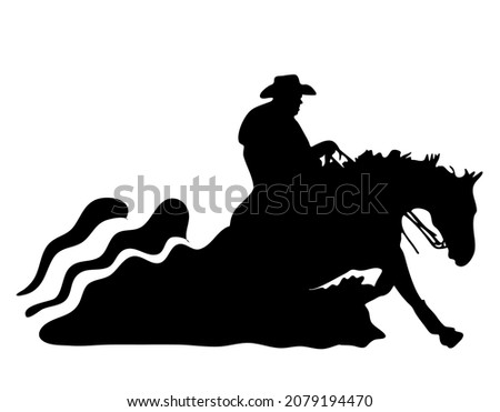 Black and white vector flat illustration: Sliding stop, reining western horse and rider silhouette