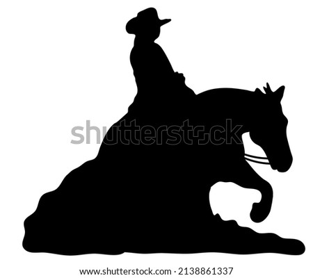 Black and white vector flat illustration: Sliding stop, reining western horse and rider silhouette