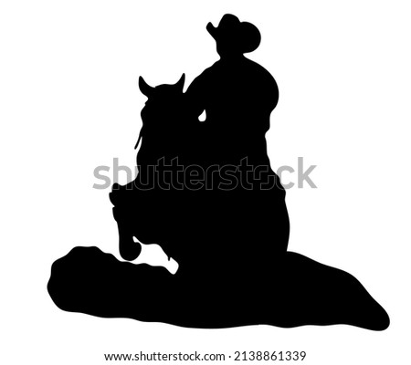 Black and white vector flat illustration: Sliding stop, reining western horse and rider silhouette
