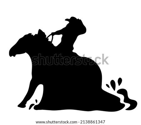Black and white vector flat illustration: Sliding stop, reining western horse and rider silhouette