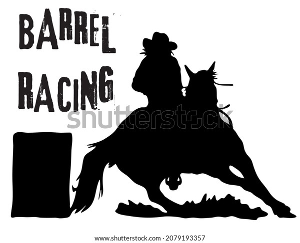 Black and white vector flat\
illustration: Barrel racing western horse and rider\
silhouette