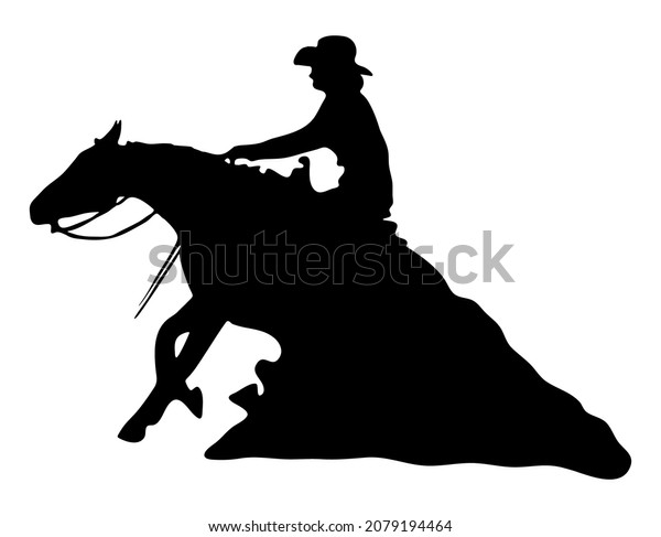 Black and white vector flat\
illustration: Sliding stop, reining western horse and rider\
silhouette