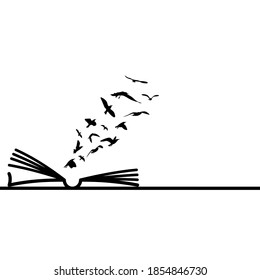 Vector blanco y negro de un rebaño de aves que salen de un libro abierto