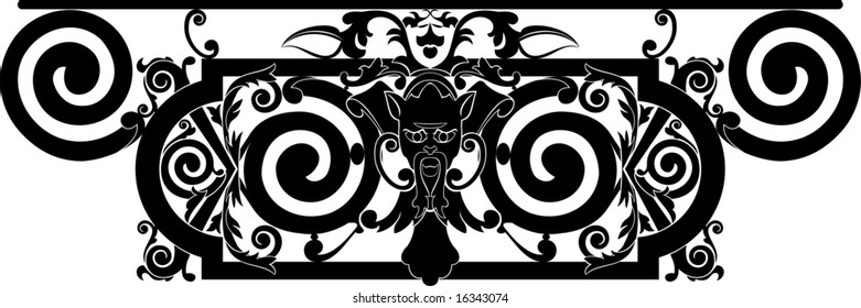 black and white, vector floral and geometric ornament with devil