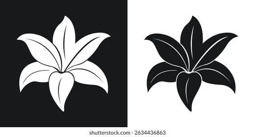 Black and white vector floral illustration of a simple elegant lily flower in bloom