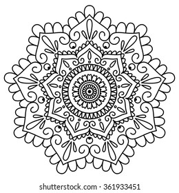 Black and white vector floral mandala. Ethnic decorative element. Beautiful flower for card, coloring book or design element. Hand drawn illustration.
