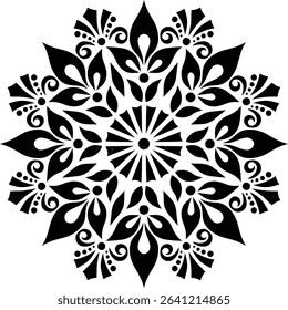 Black and white vector floral ornament with decorative swirls and leaves, perfect for vintage design or tattoo art