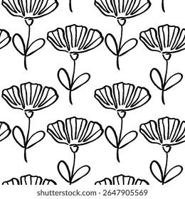Black and white vector floral pattern featuring delicate flowers and leaves with clean outlines for modern design.