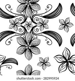 Black and white vector floral pattern. Seamless floral background