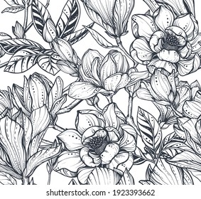 Black and white vector floral seamless pattern of magnolia flowers and branches. Romantic elegant endless background.