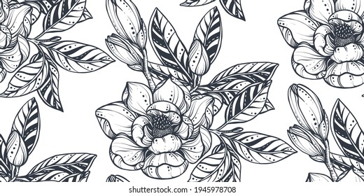 Black and white vector floral seamless pattern of magnolia flowers and branches. Romantic elegant endless background.