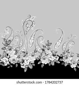 black and white vector flowers with seamless paisley border pattern on background