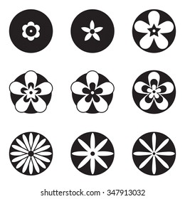 Black and white vector flowers set with nine different logo and icon designs of spring and summer flowers