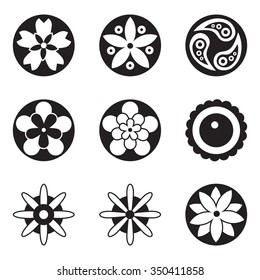 Black and white vector flowers set with nine different logo and icon designs of spring and summer flowers