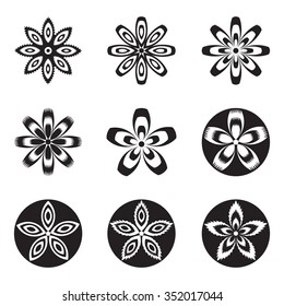 Black and white vector flowers set with nine different designs of spring and summer flowers, flat for logo ad icons.