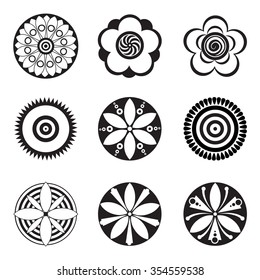 Black and white vector flowers set with nine different designs of spring and summer flowers, flat for logo ad icons.