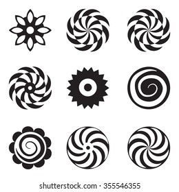 Black and white vector flowers set with nine different designs of spring and summer flowers, flat for logo ad icons.
