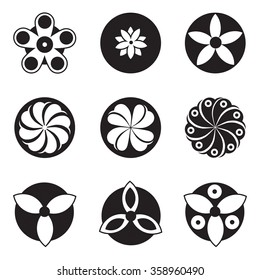 Black and white vector flowers set with nine different designs of spring and summer flowers, flat for logo ad icons.