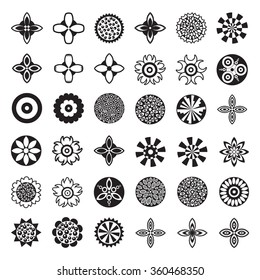 Black and white vector flowers set with thirty six (36) different logo and icon designs of spring and summer flowers. Flat.
