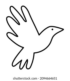 Black and white vector flying dove with spread wings. Romantic bird illustration. Love and piece concept or Valentine day character for kids or coloring page
