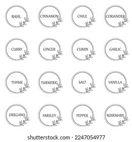 Black and white vector food labels or stickers. Can be used to label food jars, spice containers. Round botanical frame for each sticker