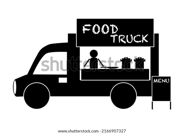 Black and white vector of food truck. Street food\
and vehicle icon.