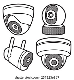 black and white vector, four CCTV security cameras