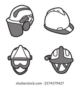 black and white vector, four safety helmets