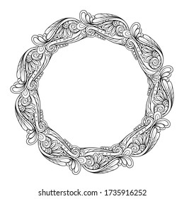 Black and white vector frame. Abstract floral elements wreath.