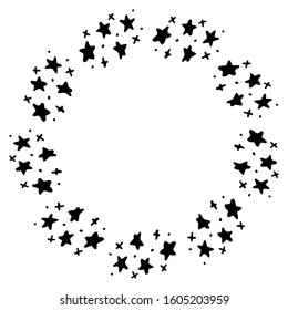 black and white vector frame with doodle stars. Hand drawn elements. Isolated on white. Stars cosmic wreath for invitation template design. Outer space. Copy space