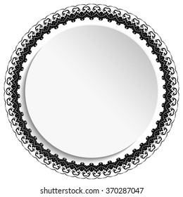 Black and white vector frame with floral elements and arabesques. Round greeting card