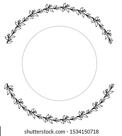 black and white vector frame in rustic style.  leave. wreath of branches. minimalism, simplicity. Isolated on white background.