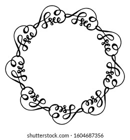 black and white vector frame in rustic style with curves, curls. Hand drawn elements. Isolated on white. Floral rustic branch wreath for wedding invitation template design. Copy space