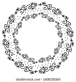 black and white vector frame in rustic style. Hand drawn wreath of branches. minimalism, simplicity. Isolated on white. Floral rustic branch wreath for wedding invitation template design. Botanic