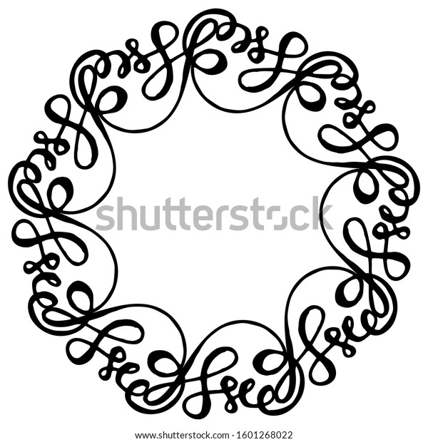 black and\
white vector frame in rustic style with curves, curls. Hand drawn\
elements. Isolated on white. Floral rustic branch wreath for\
wedding invitation template design. Copy\
space