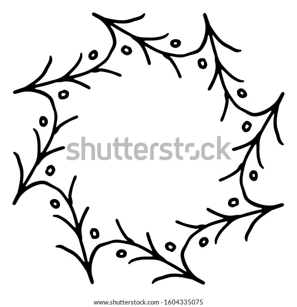 black and white vector frame in rustic style.\
Hand drawn wreath of branches. minimalism, simplicity. Isolated on\
white. Floral rustic branch wreath for wedding invitation template\
design. Botanic