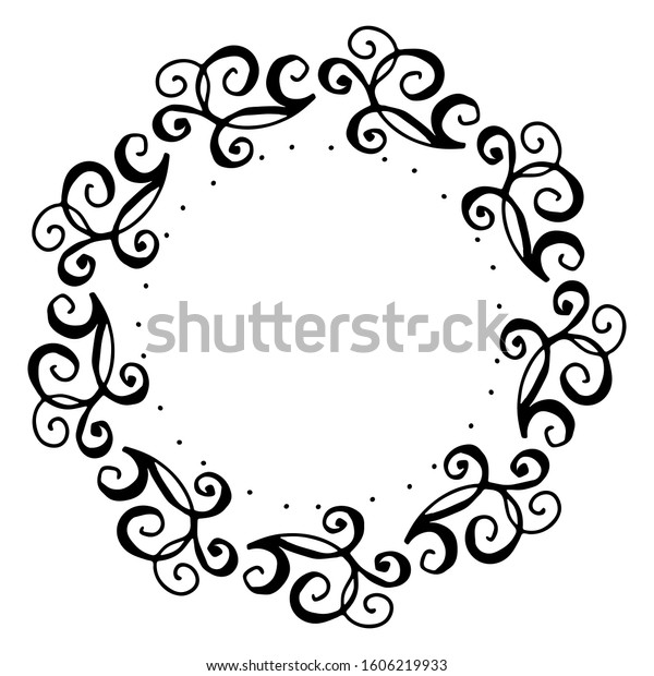 black and white vector frame in rustic style. \
wreath of branches. minimalism, simplicity. Isolated on white.\
Floral rustic branch wreath for wedding invitation template design.\
Hand drawn