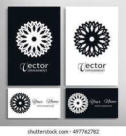 Black and white vector geometric design elements for logo, icon, label, emblem. Mandala round ornament, business cards set. Isolated line floral shape, stylized flower, star, snowflake