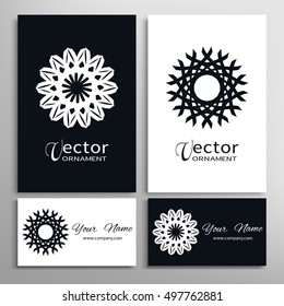 Black and white vector geometric design elements for logo, icon, label, emblem. Mandala round ornament, business cards set. Isolated line floral shape, stylized flower, star, snowflake