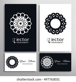 Black and white vector geometric design elements for logo, icon, label, emblem. Mandala round ornament, business cards set. Isolated line floral shape, stylized flower, star, snowflake
