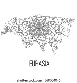 Black and white vector geometric ethnic map the mosaic of the continent and the mainland Eurasia, Europe and Asia. Mandala. Abstract postcard and pattern. Vector illustration on white background.
