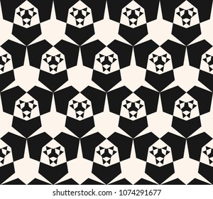 Black and white vector geometric pattern. Abstract seamless geometry background. Monochrome texture with grid, triangles, hexagons, floral shapes. Modern repeat design for prints, decor, fabric, wrap