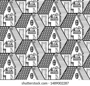 Black and white vector geometric pattern with a cute house and a cat 